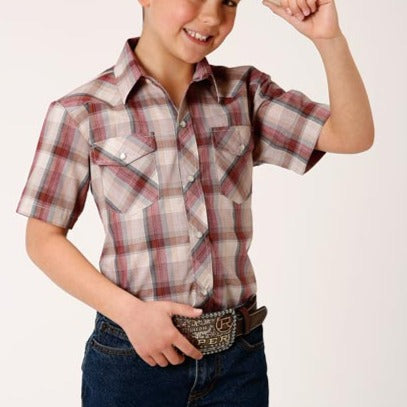 Roper Boy's Tan and Brown Plaid Snap Western Shirt