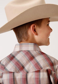 Roper Boy's Tan and Brown Plaid Snap Western Shirt