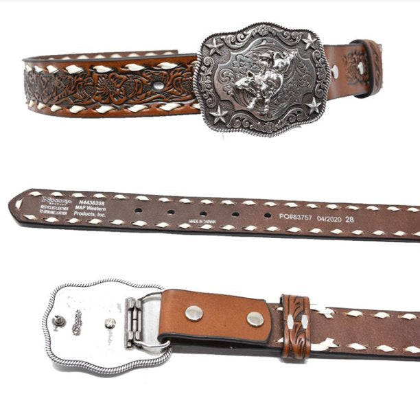 Nocona Boy's Buck Stitched and Floral Tooled Belt with a Bull Rider Buckle