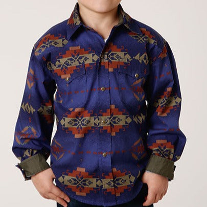 Roper Boy's Night Aztec Print Pearl Snap Long Sleeve Shirt