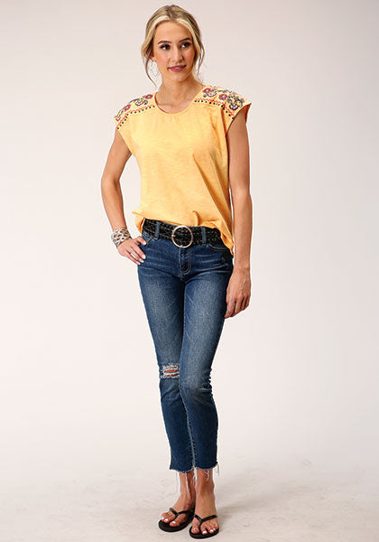Roper Women's Embroidered Knit Blouse- Yellow