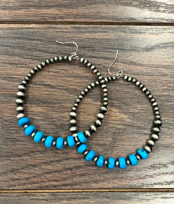 Natural Turquoise and Navajo Pearl Graduated Hoop Earrings