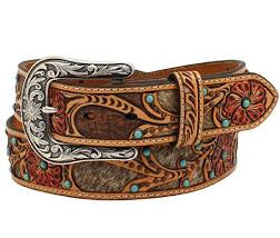 Ariat Women’s Calf Hair Underlay & Turquoise Embellished Floral Tooled Belt
