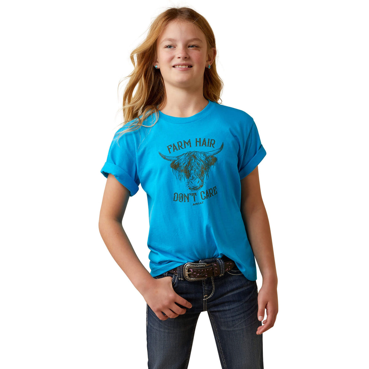 Ariat Girl's Farm Hair Don't Care Graphic Tee - Turquoise