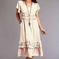 Stetson Women's Herringbone Flutter Ruffle Dress in Cream