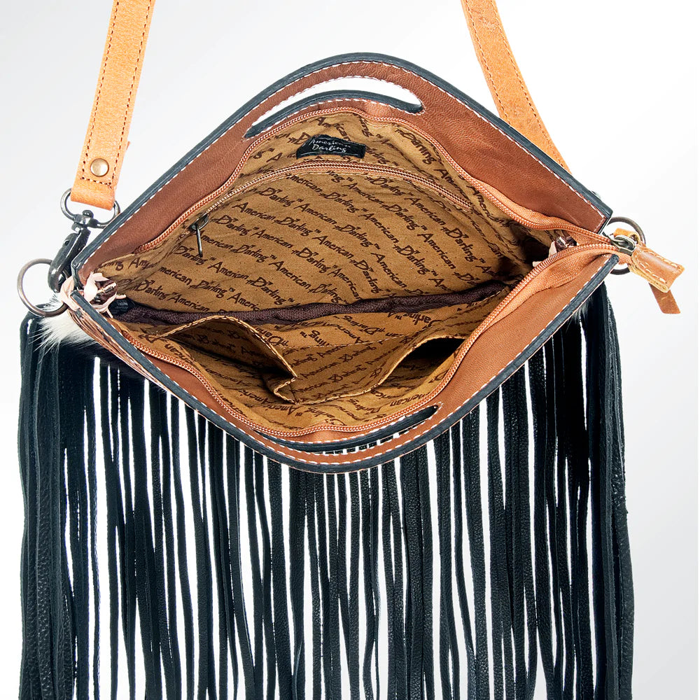 American Darling Black and White Hair on Hide Tooled Leather Crossbody Bag