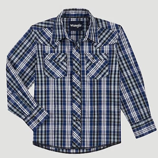 Wrangler Boy's Western Button Down Shirt- Sodalite Blue