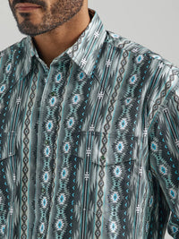 Wrangler Checotah Men's Long Sleeve Western Snap Shirt-Green Aztec Stripe
