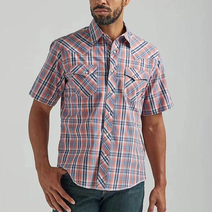 Wrangler Men's Plaid Western Short Sleeve Button Down Shirt- Orange