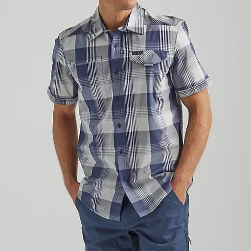 Wrangler Men's ATG  Asymmetrical Plaid Sleeve Button Down Shirt- Mist