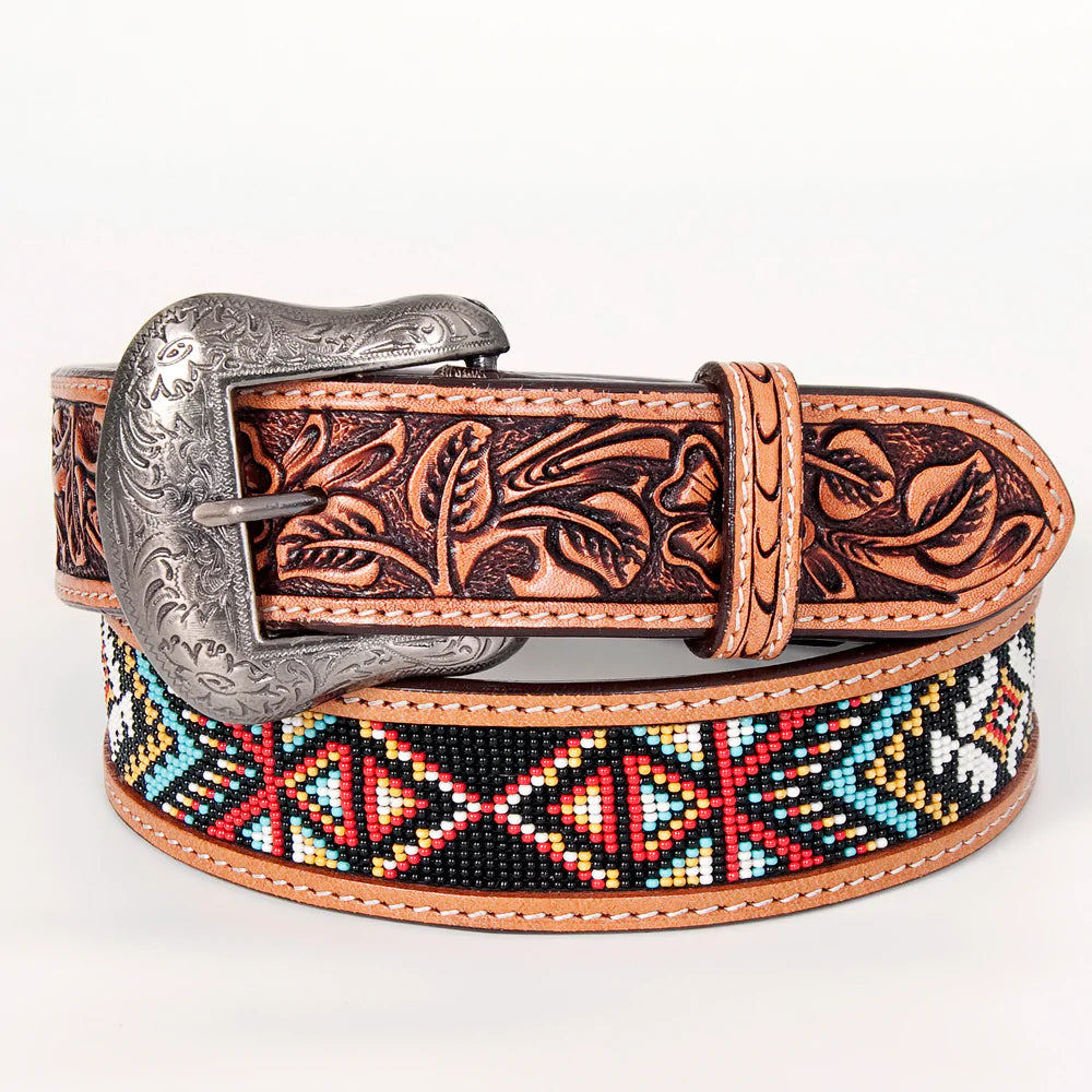 Bar H Equine Aztec Multi Colored Beaded and Tooled Leather Belt