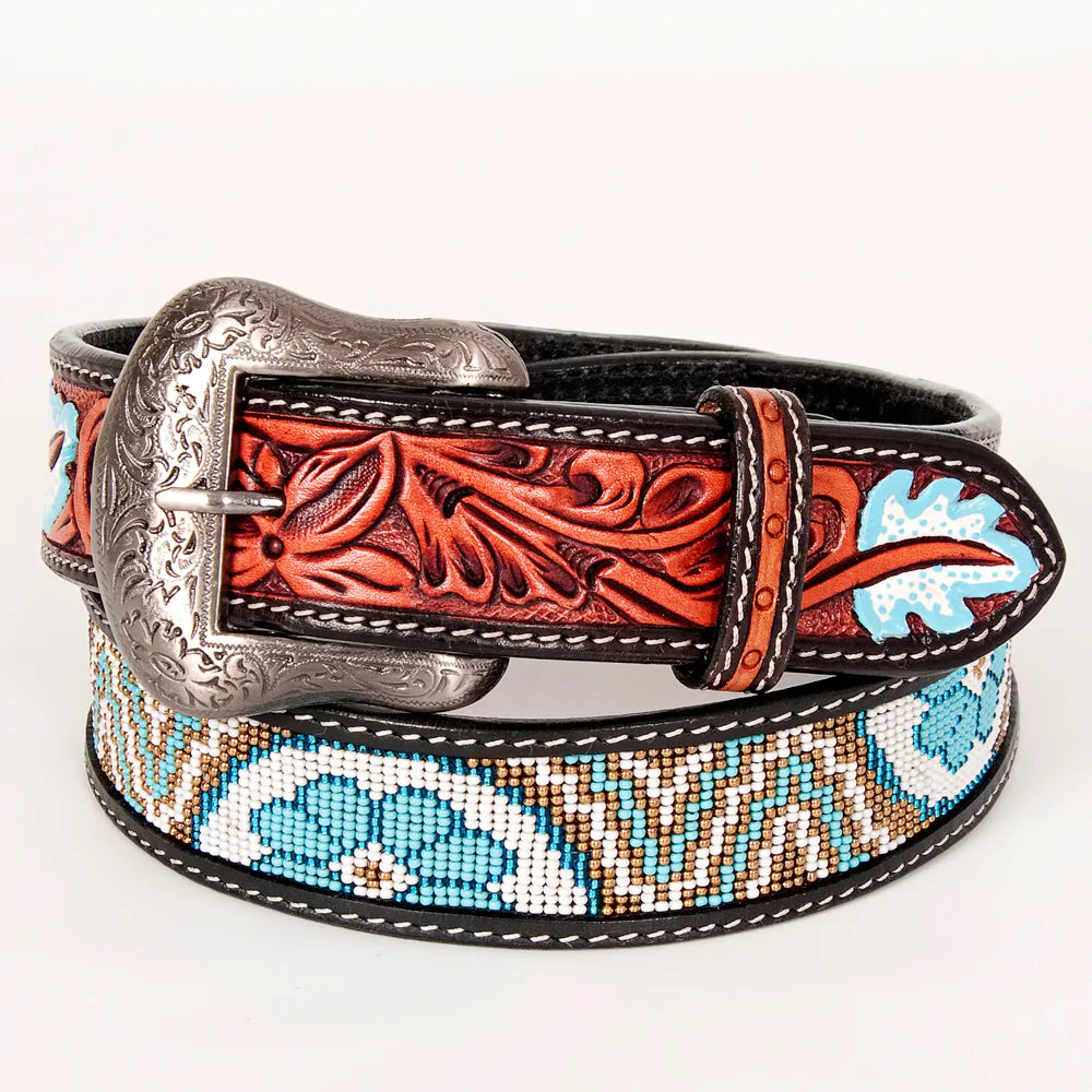 Bar H Equine Floral Beaded and Tooled Leather Belt