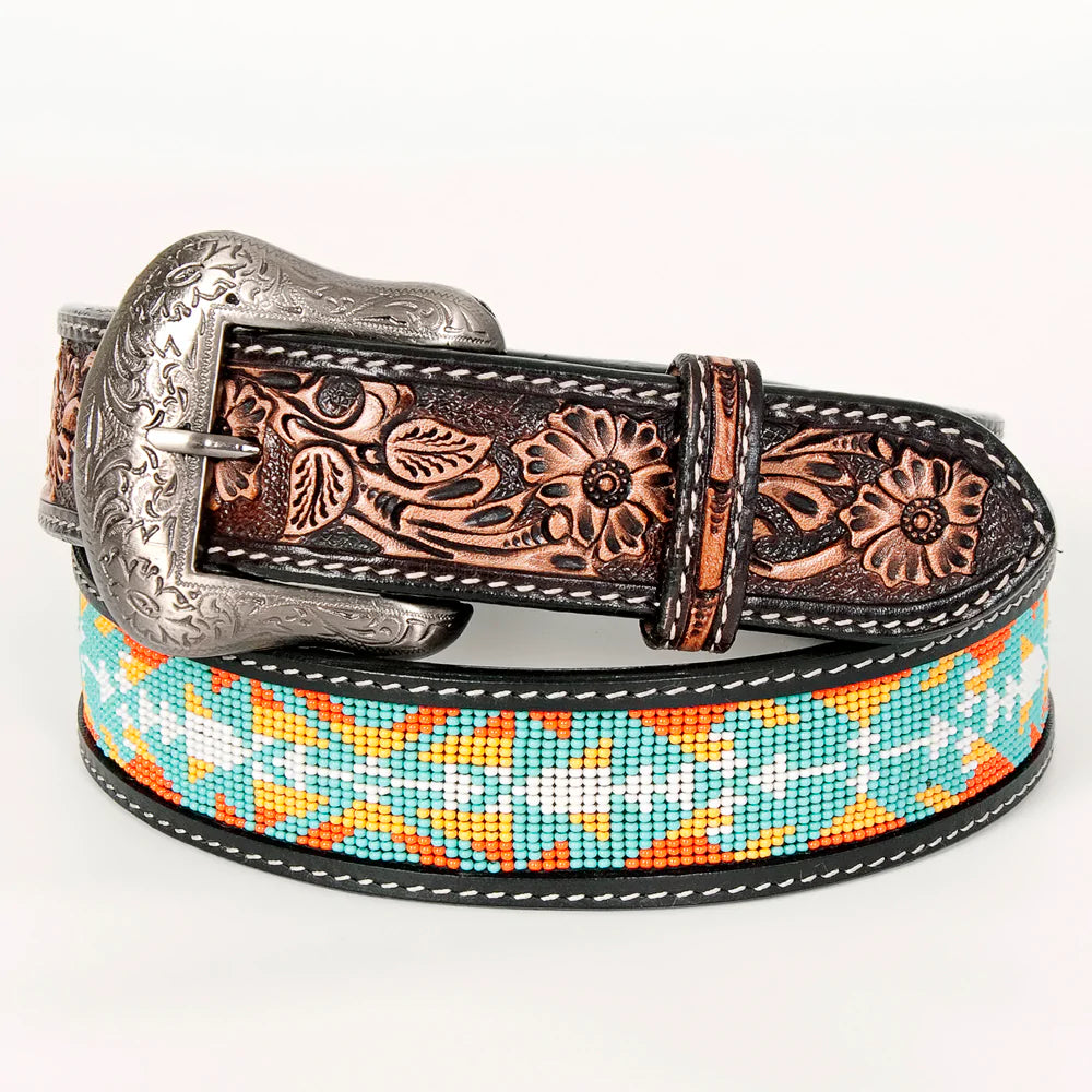 Bar H Equine Sunset Aztec Beaded and Tooled Leather Belt