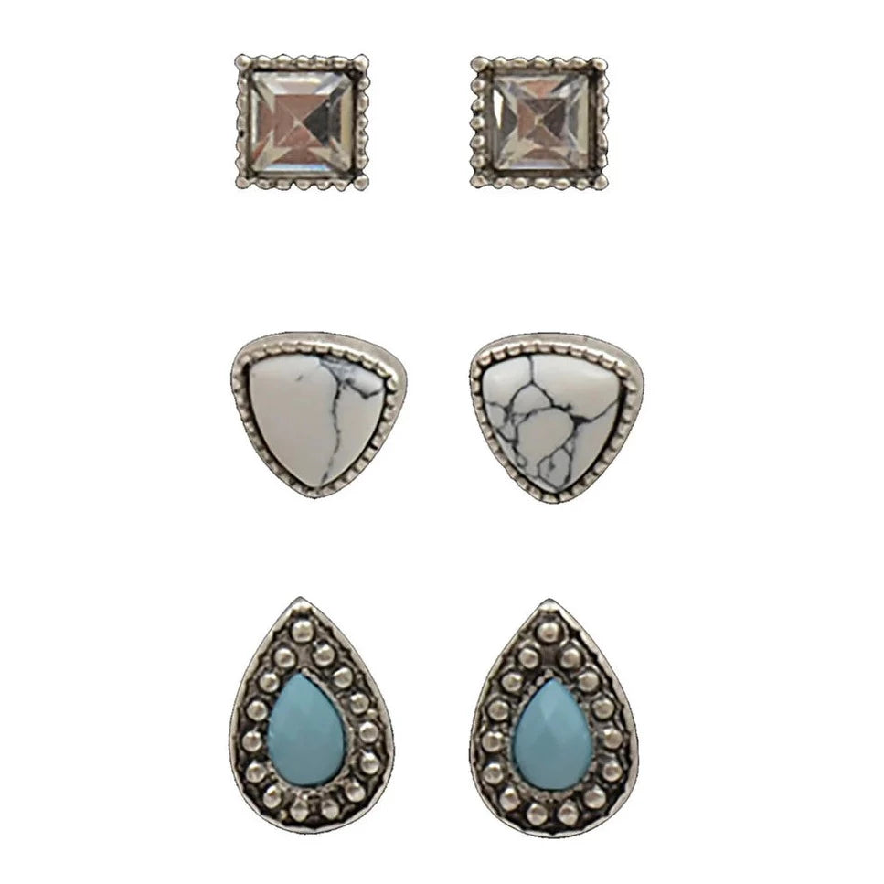 Silver Strike Turquoise, Marble & Silver 3 Pair Stud Earring Set