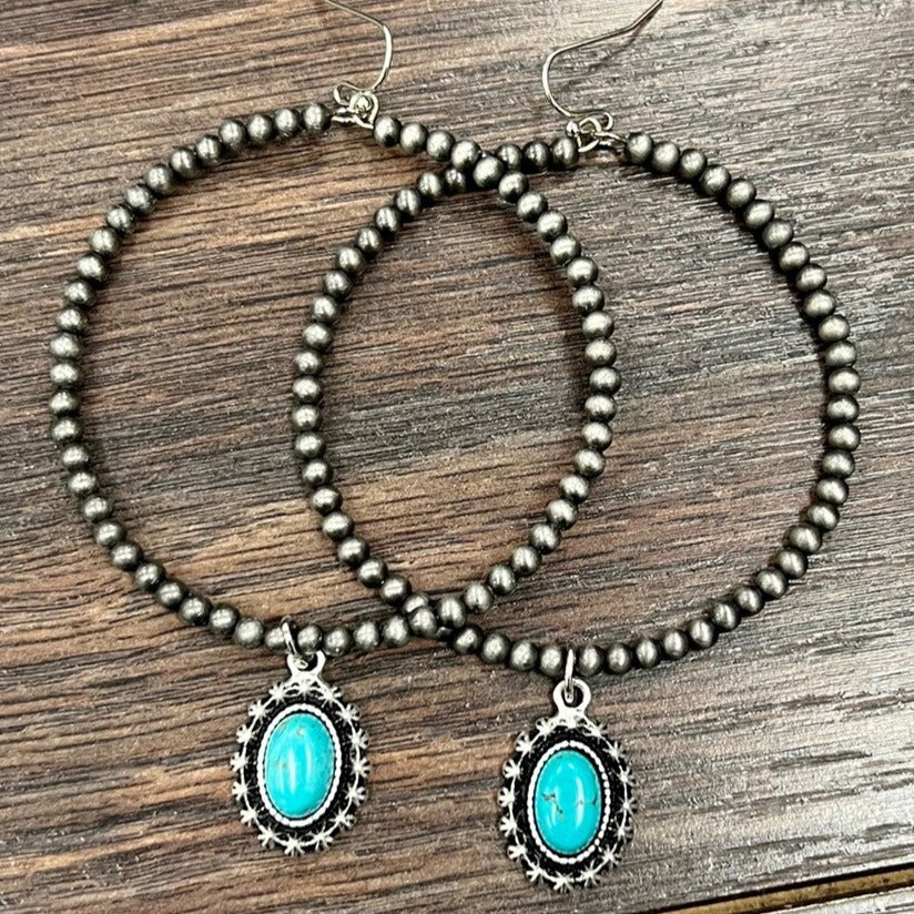 Navajo Pearl and Turquoise Stone Hoop Earrings