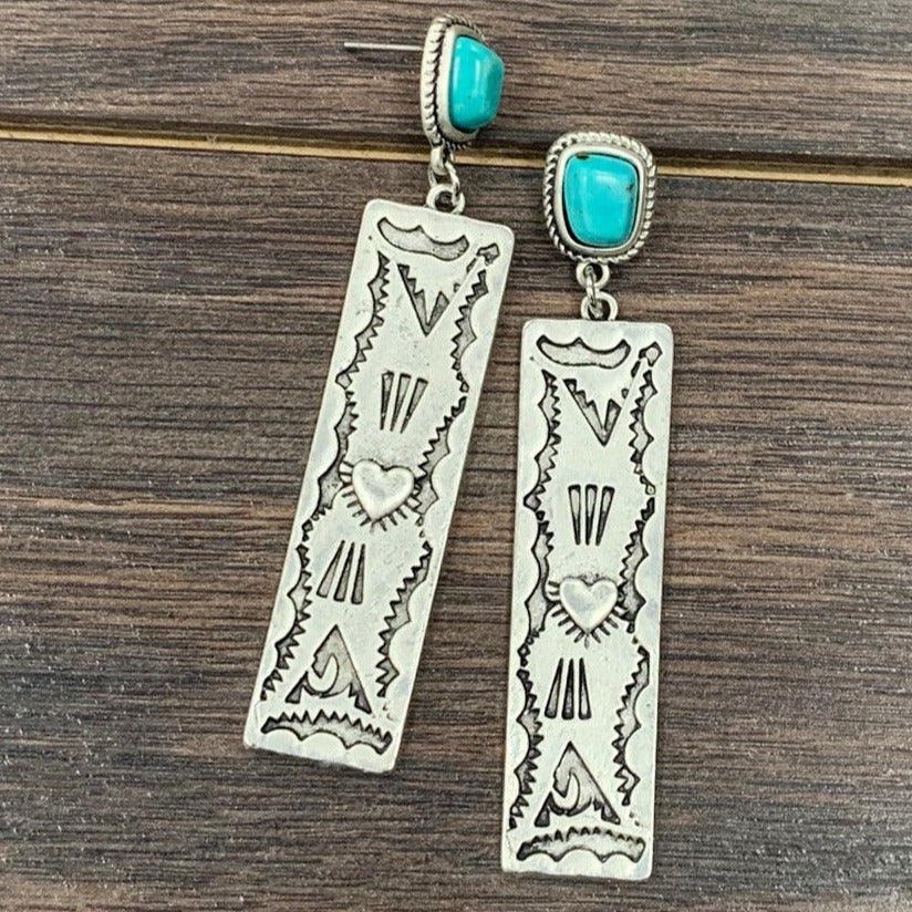 2.7" Long Aztec and Turquoise Stone Post Earrings