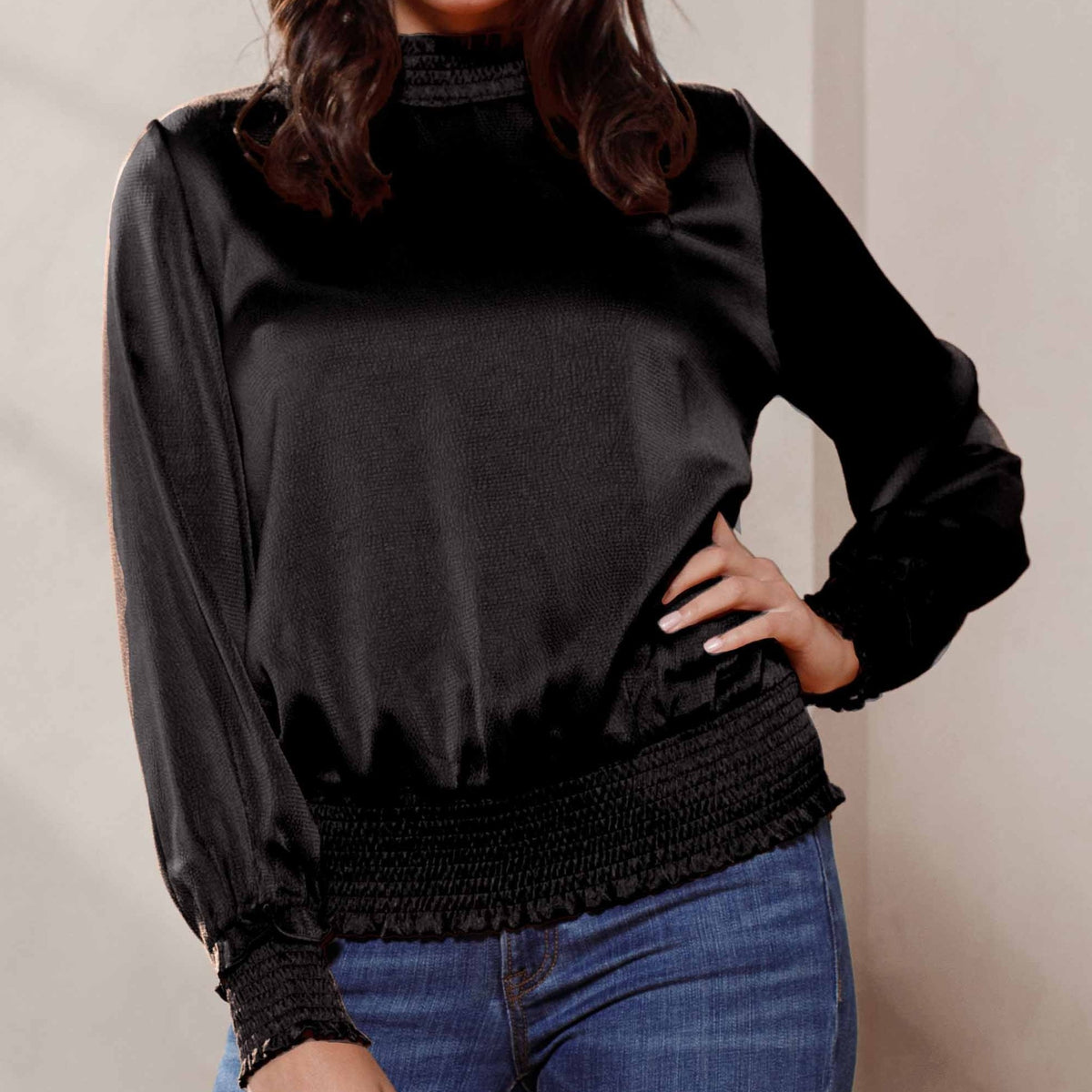 Solid Black Long Sleeve Mock Neck Blouse (Available in Regular and Plus Sizes)