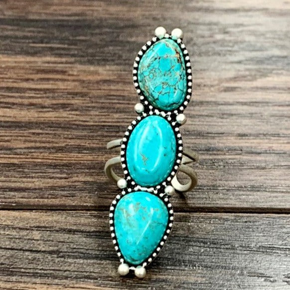 Long Three Stone Turquoise Adjustable Ring