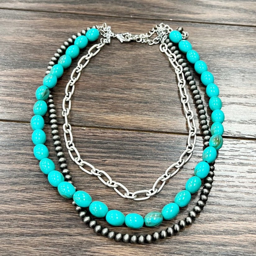 20" long Multi Strand Navajo Pearl Turquoise and Chain Necklace
