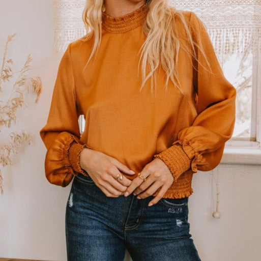Amber Glow Long Sleeve Mock Neck Blouse (Available in Regular and Plus Sizes)