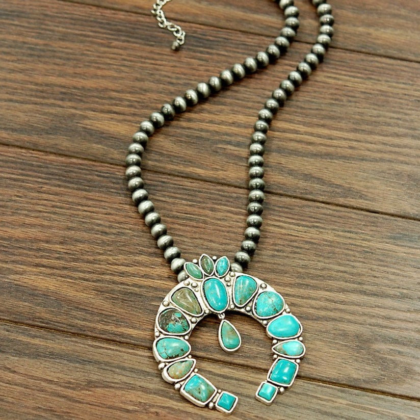 30" Long Navajo Pearl Turquoise Squash Blossom Necklace