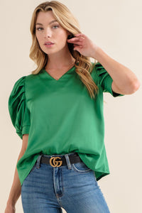 Puff Sleeve V-Neck Blouse- Available in Regular and Plus Sizes