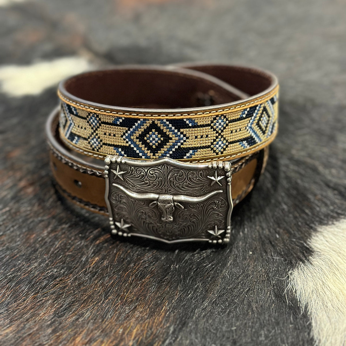 3D Belt Company Boys Aztec Embroidery with Square Bullhead Buckle