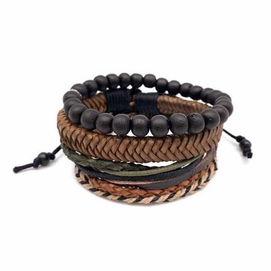 Aadi Men's Black Stone/ Beads/ Leather Bundle Bracelet