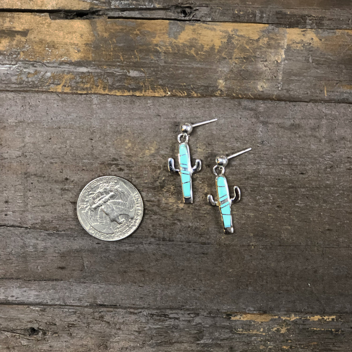 Handmade Navajo Sterling Silver and Kingman Turquoise Cactus Earrings