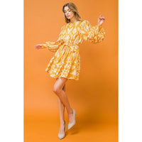 Belted Abstract Woven Mini Dress in Mustard