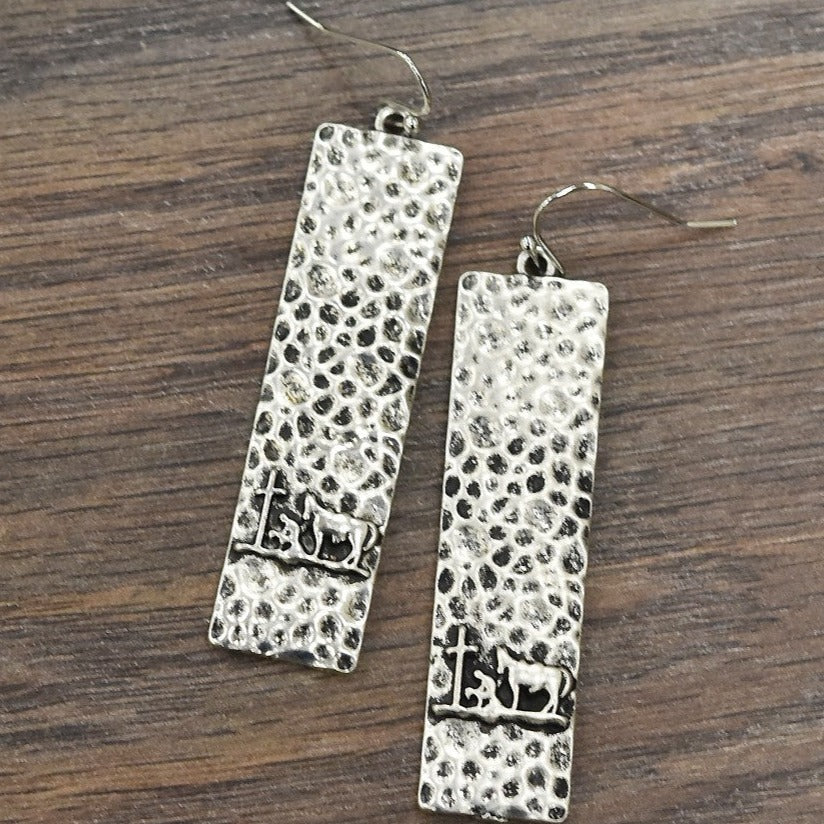 2" Long Hammered Silver Cowboy with Cross Earrings