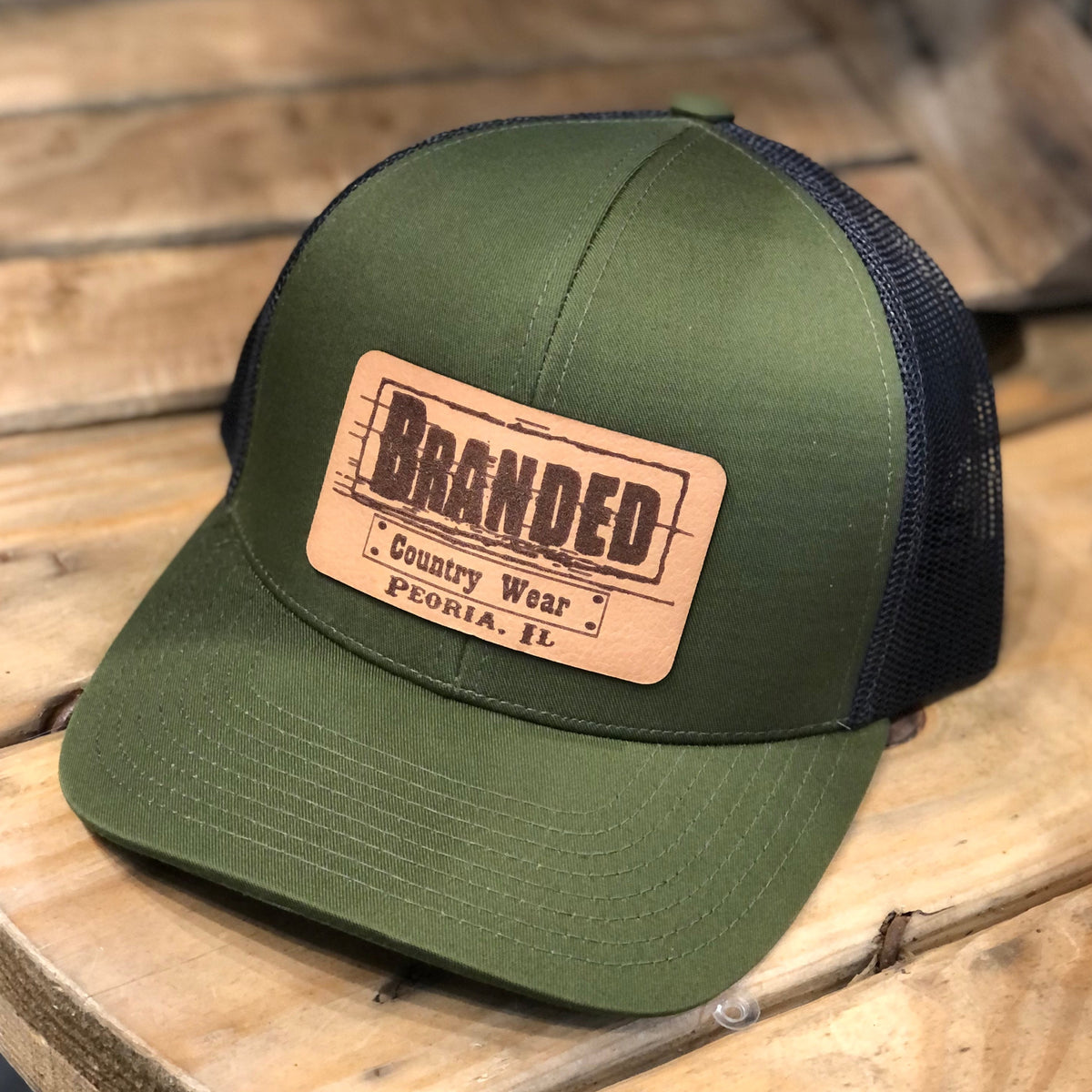BRANDED Moss Green Leather Patch Hat