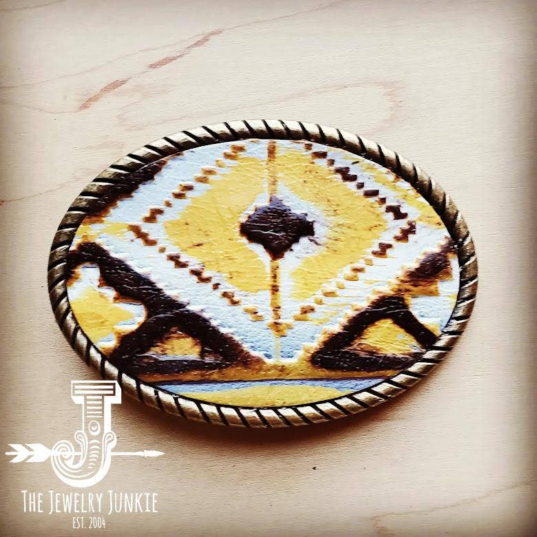 Oval Yellow Navajo  Rope Edge Leather Belt Buckle