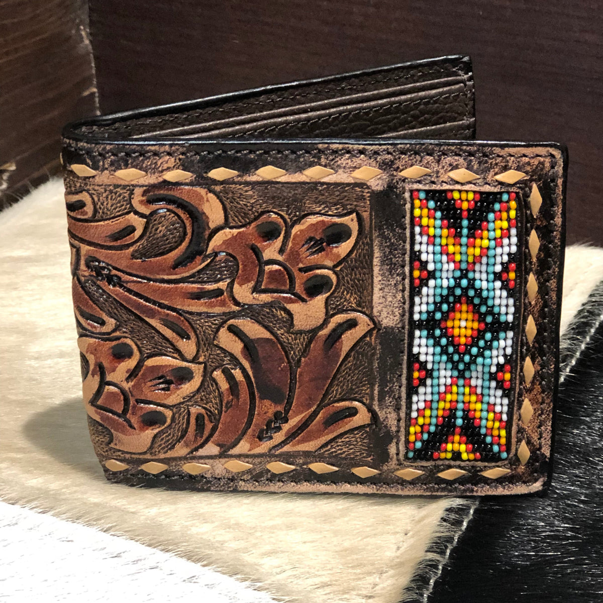 3D Men's Tooled Leather and Beaded Bi-Fold Wallet