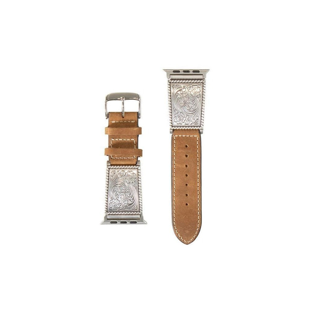 Nocona Brown Floral Engraved Rectangle Concho Watch Band
