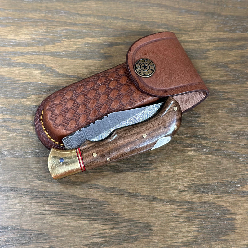 Wood and Gold Handle Pocket Knife-Damascus Blade