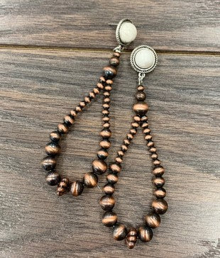 4" Long, Graduated Navajo Copper Pearl Drop, Natural White Turquoise Post Earrings