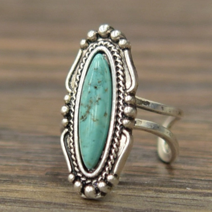 Turquoise and Silver Long Oval Adjustable Ring