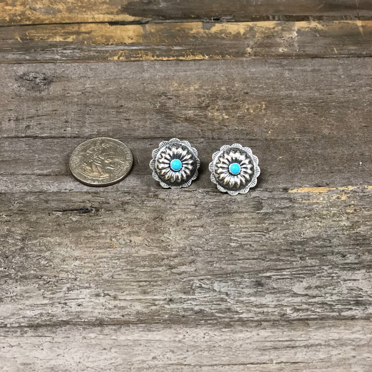 Handmade Sterling Silver and Kingman Turquoise Concho Earrings