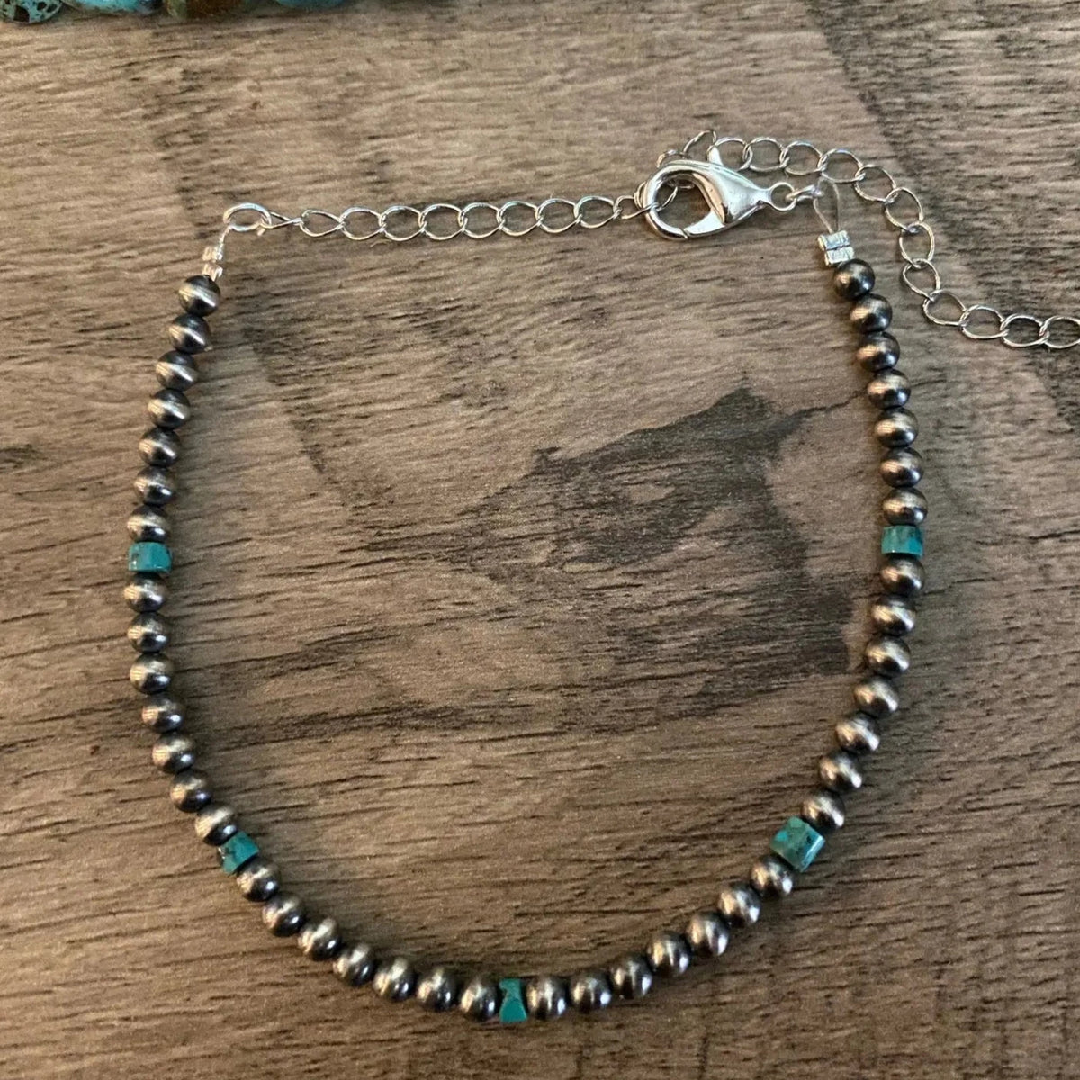 6" Bracelet with 4mm Sterling Silver Pearls and Real Turquoise