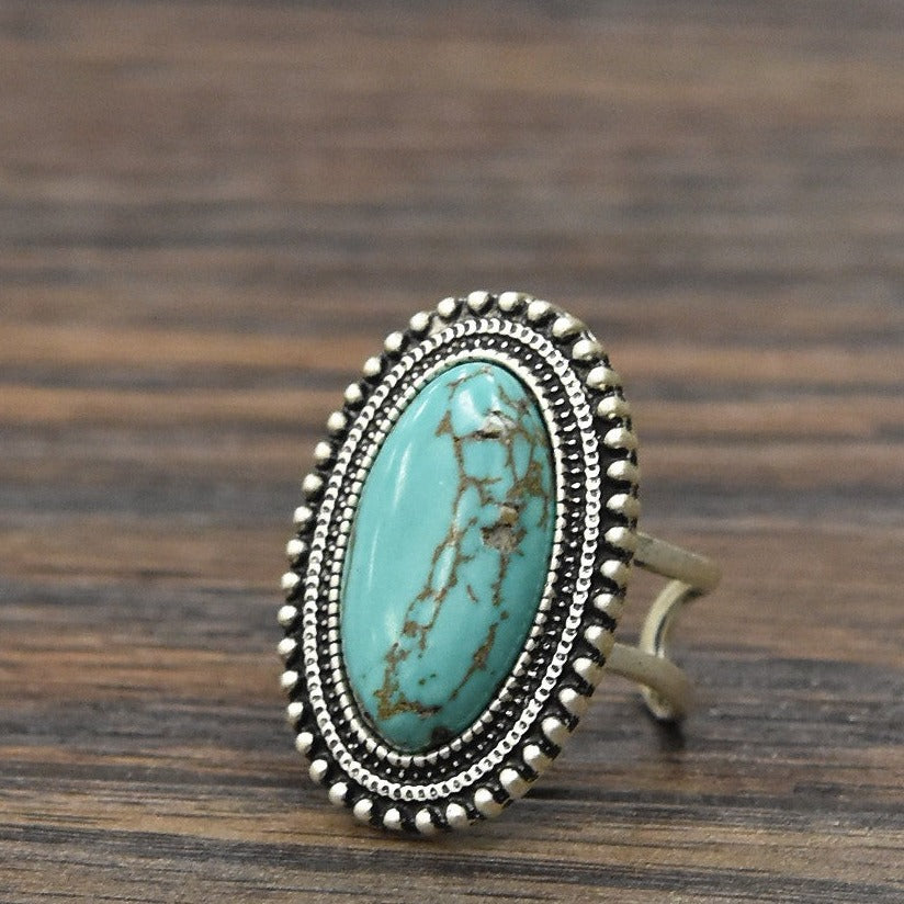 Silver and Turquoise Long Oval Adjustable Ring
