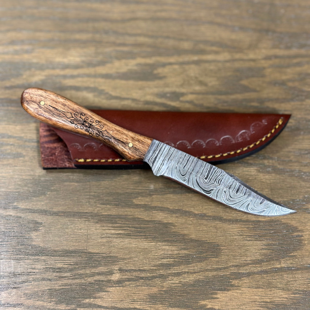 Wooden Handle Fixed Blade Knife-Damascus Blade