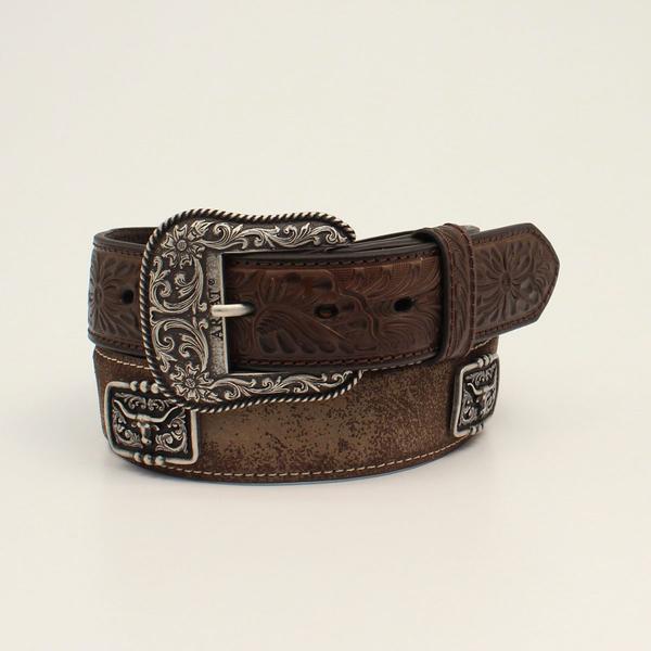 Ariat Men's Distressed Brown Longhorn Concho Belt with Embossed Tabs