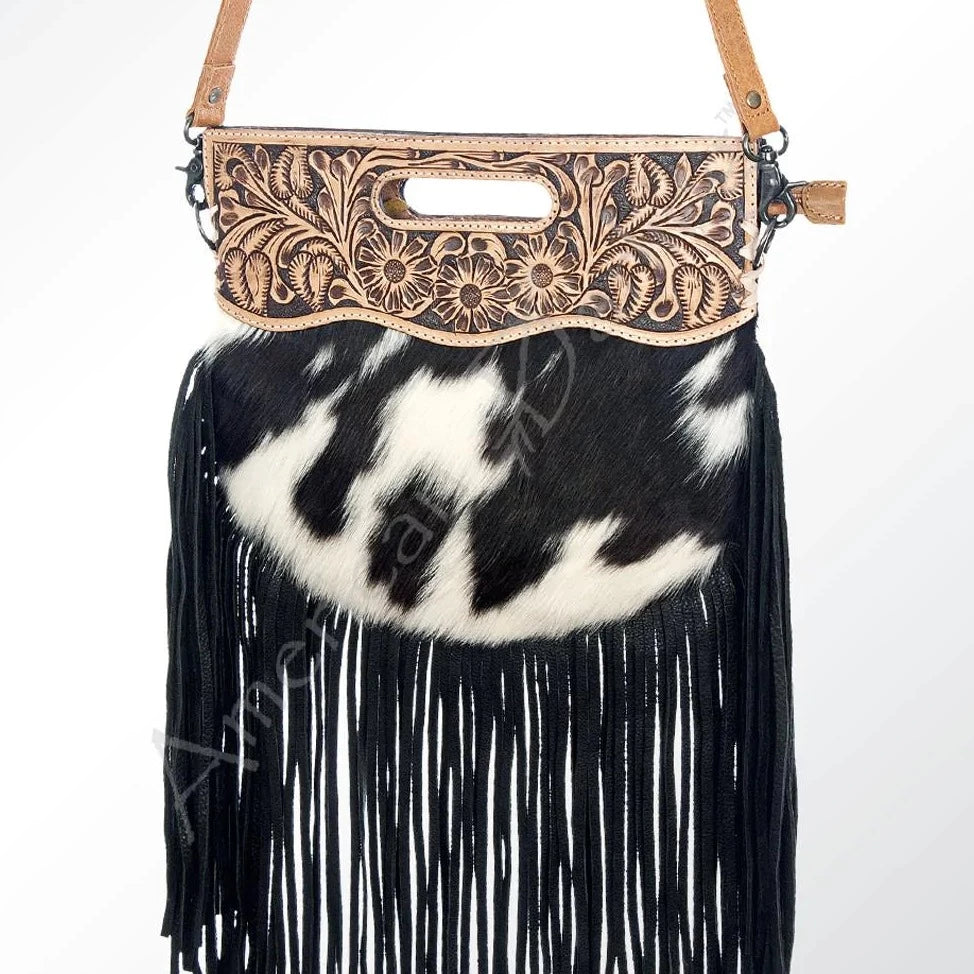 American Darling Black and White Hair on Hide Tooled Leather Crossbody Bag