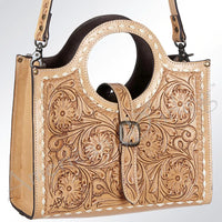 American Darling Floral Tooled Leather Buckled Tote Bag in Light Brown