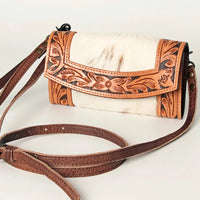 American Darling Hair on Hide and Hand Carved Snap Leather Wristlet/Crossbody