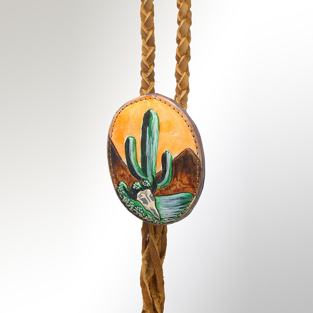American Darling Woven Leather  Bolo Tie With Painted Cactus and Skull