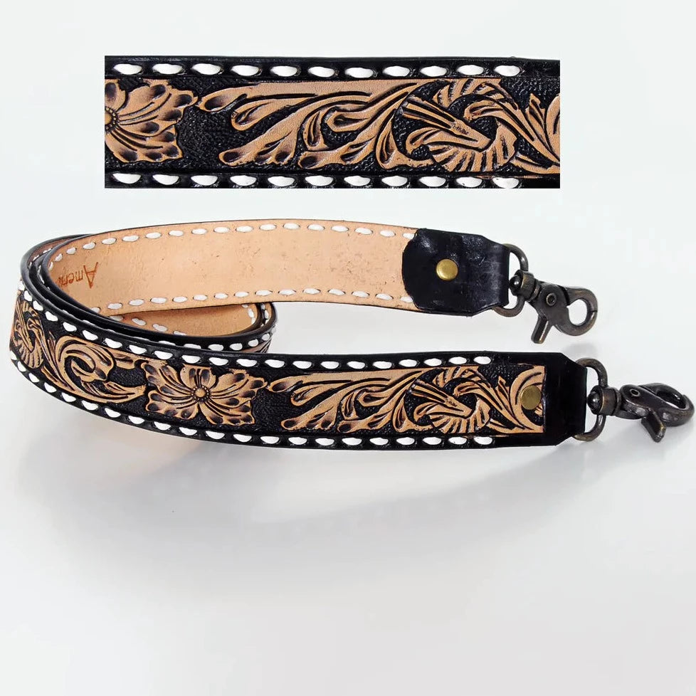 American Darling Hand Tooled with White Buck Stitch Purse Strap