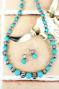 Silver and Turquoise Beaded Necklace and Earring Set