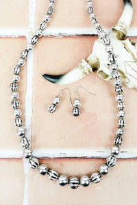 Silvertone Long Beaded Necklace and Earring Set